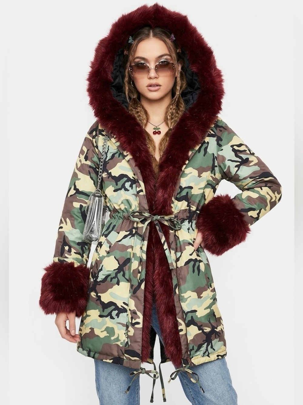 Maximalist Camo Print Penny Lane Jacket Y2K Faux Fur Quilted Eclectic Witchy